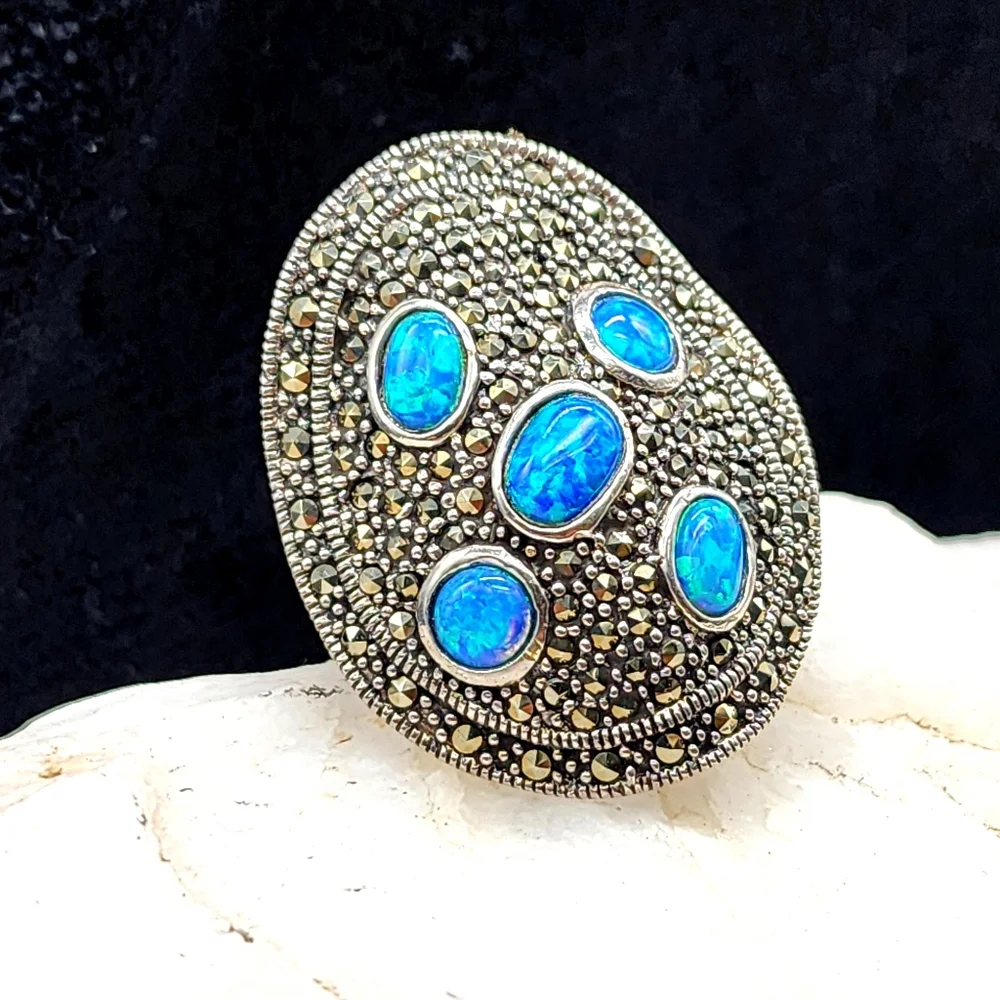 Silver Ring 925 Designer Ring Nlue Opal Stones Swiss Marcasite Mineral Crystals